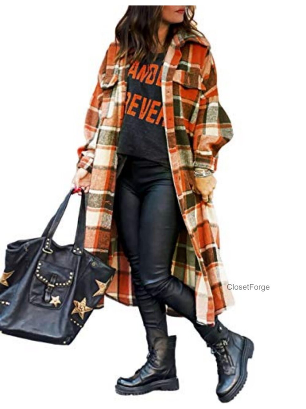Plaid Button Down Trench Coat Flannel Shacket Relaxed Fit Women